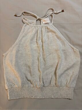 Allie Rose Cream Linen Blend Halter Top | Smocked Waist Tie Neck | Size L